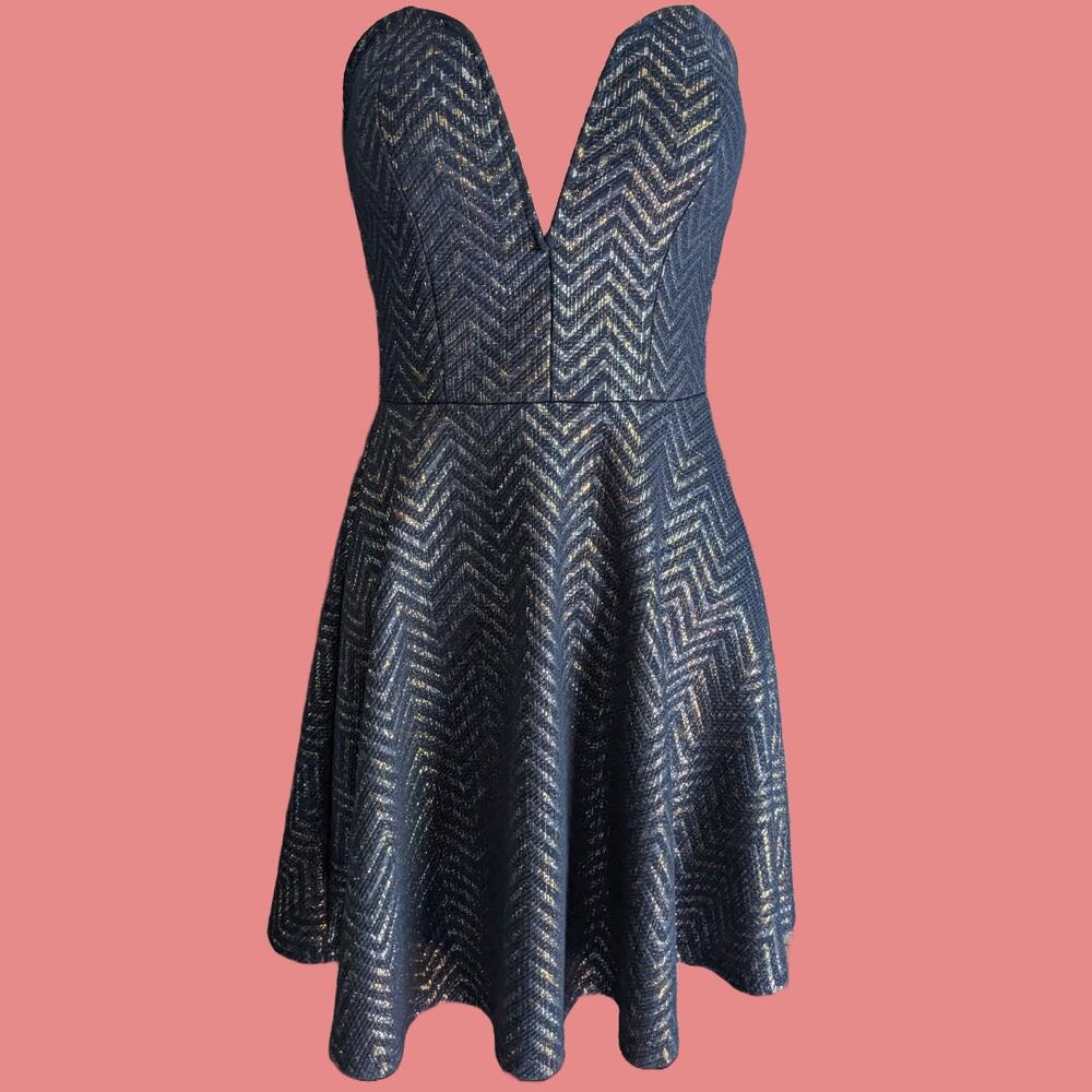 Strapless Navy Deep V Mini Dress With Woven Silver Chevron Stripes, Size XS